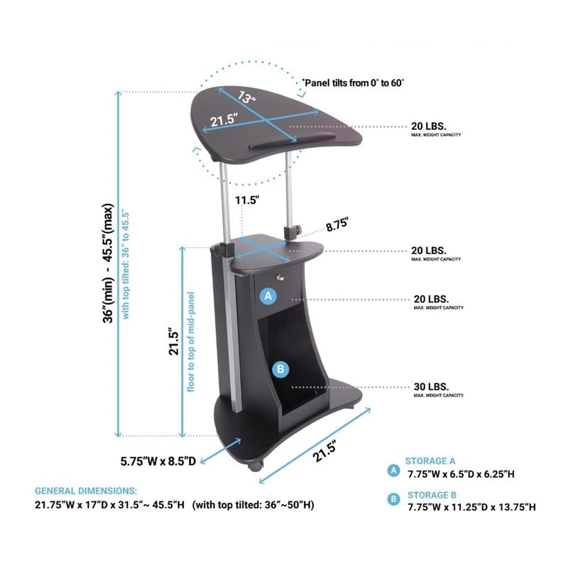 Scranton & Co Sit-to-Stand Rolling Laptop Cart With Storage in Black