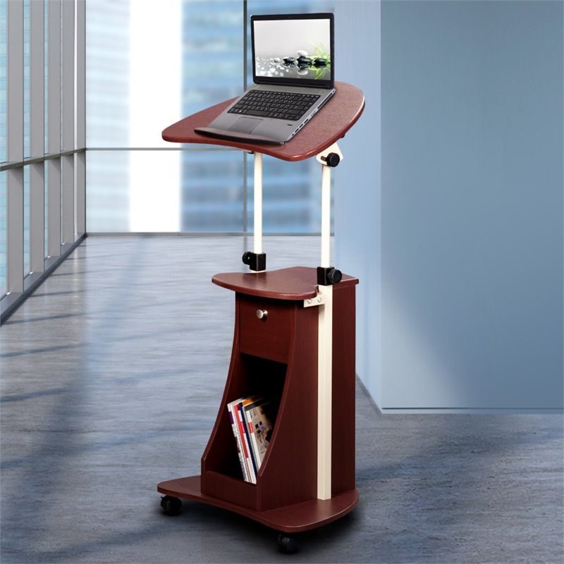 Scranton & Co Sit-to-Stand Rolling Laptop Cart With Storage in Chocolate