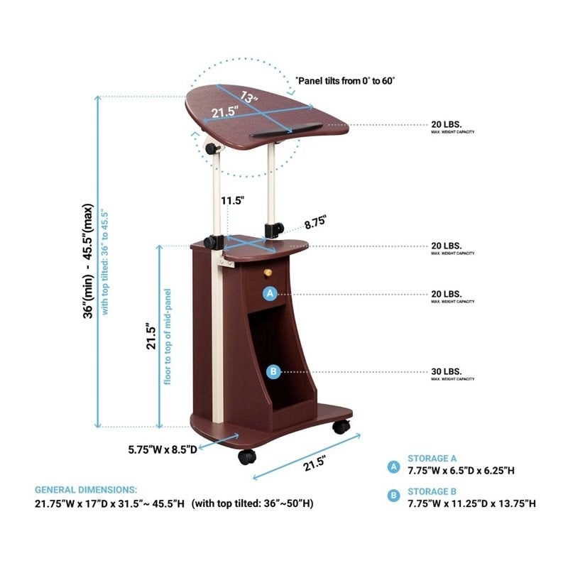 Scranton & Co Sit-to-Stand Rolling Laptop Cart With Storage in Chocolate
