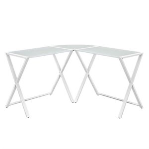 Scranton & Co 51&quotL-Shaped Computer Desk with X-Metal Base/Tempered Glass White