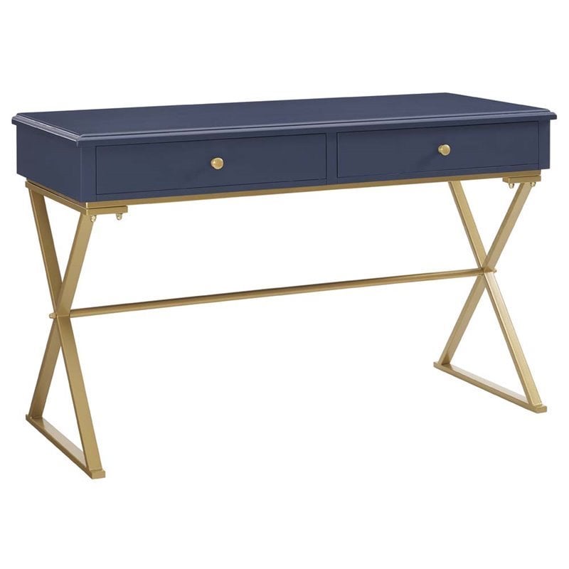 Scranton & Co Wood Blue and Gold Writing Desk Rectangular Durable Unassembled