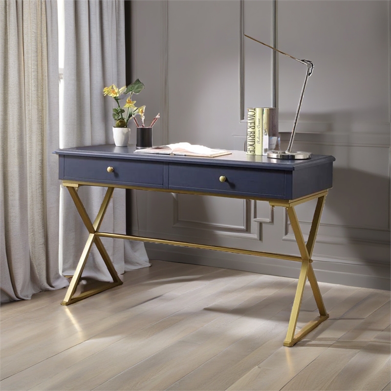 Scranton & Co Wood Blue and Gold Writing Desk Rectangular Durable Unassembled