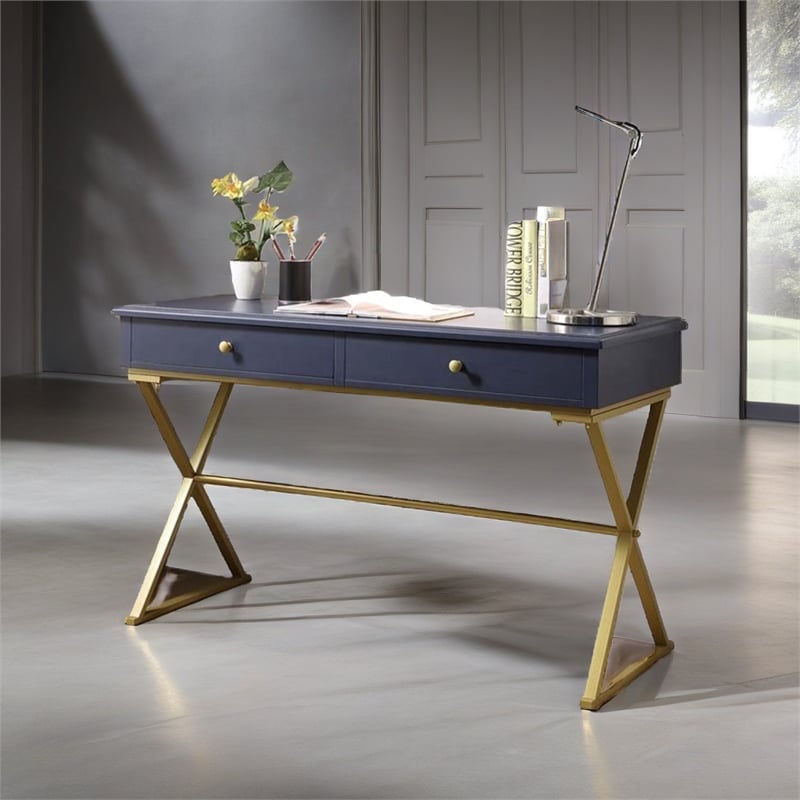 Scranton & Co Wood Blue and Gold Writing Desk Rectangular Durable Unassembled