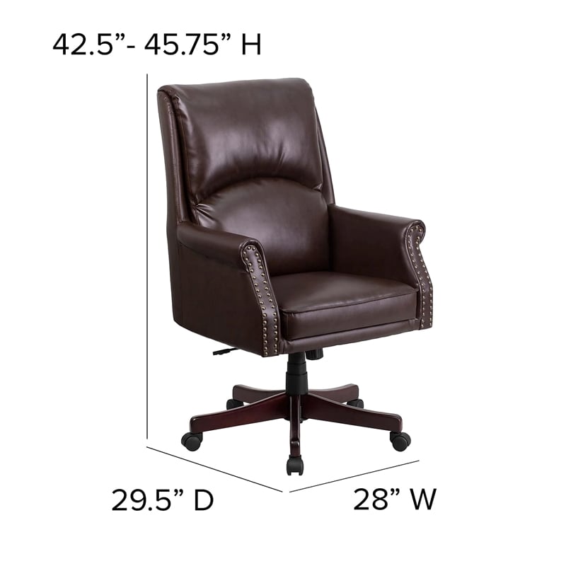 Scranton & Co Leather/Wood High Back Swivel Office Chair in Brown
