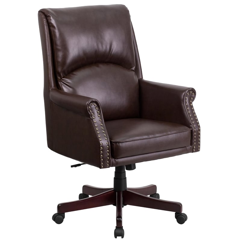 Scranton & Co Leather/Wood High Back Swivel Office Chair in Brown