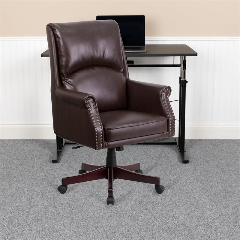 Scranton & Co Leather/Wood High Back Swivel Office Chair in Brown