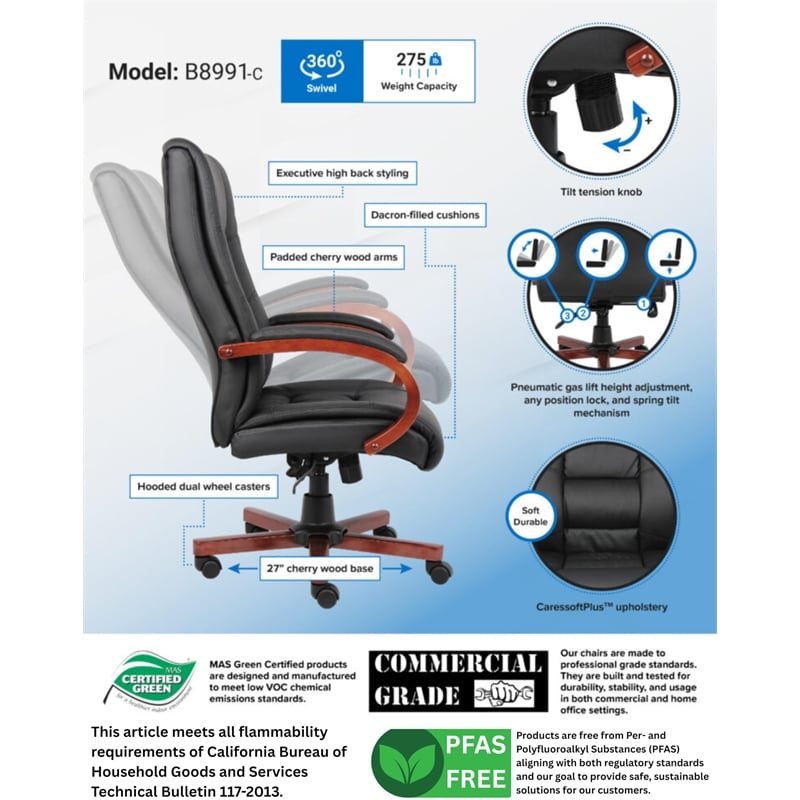 Scranton & Co Leather/Wood High Back Executive Office Chair in Black/Cherry