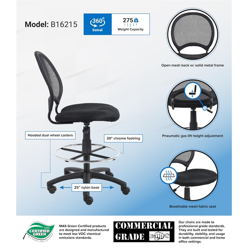 Scranton & Co Mesh Fabric Drafting Chair with Loop Arms in Black