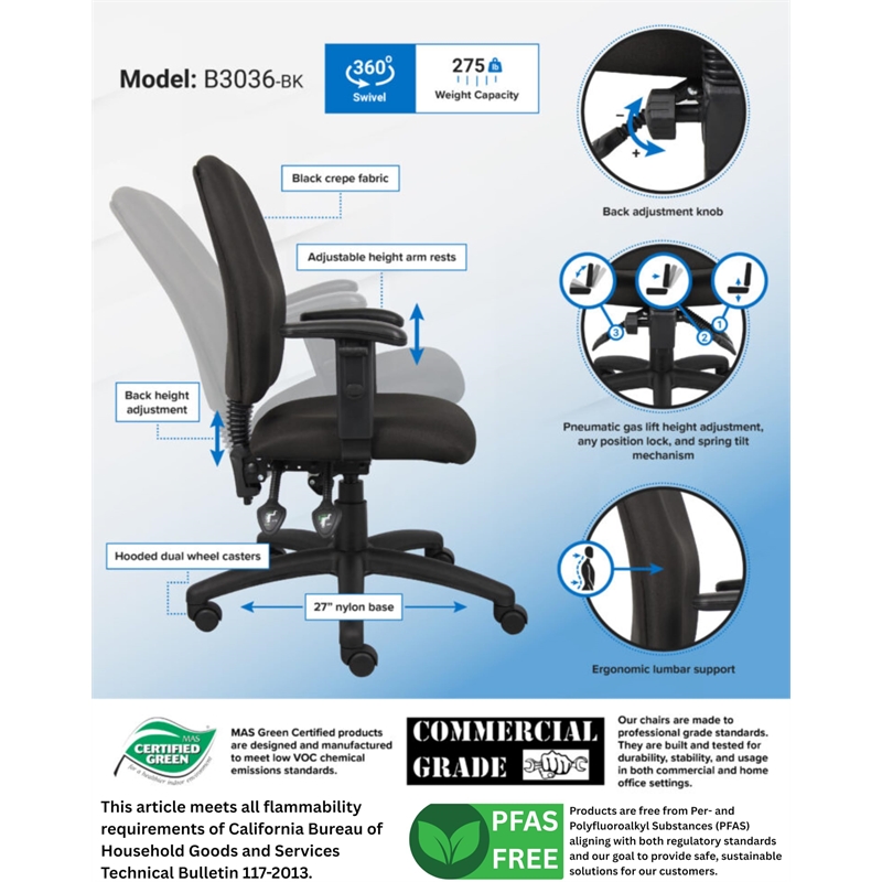 Scranton & Co Crepe Fabric Task Office Chair with Adjustable Arms in Black