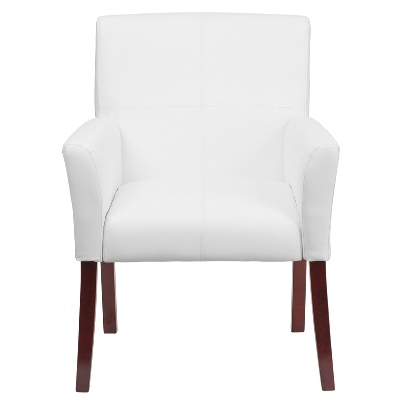 Scranton & Co Leather Executive Side Guest Chair in White and Mahogany