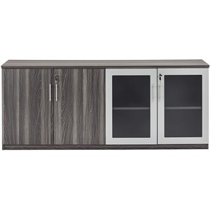 scranton & co low wall cabinet with wood-glass door in gray steel