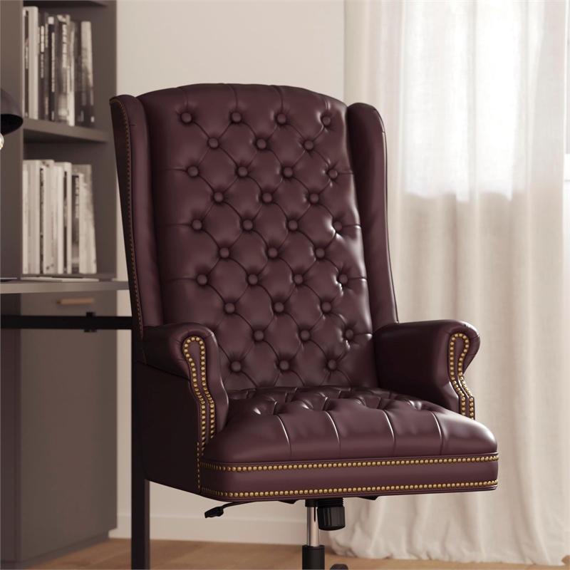 Scranton & Co Traditional Leather Executive Office Chair in Burgundy Red