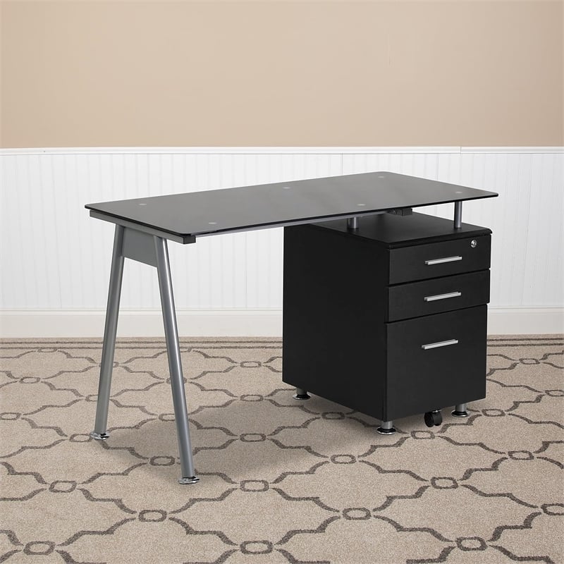 Scranton & Co 3 Drawer Glass Top Home Office Desk in Black