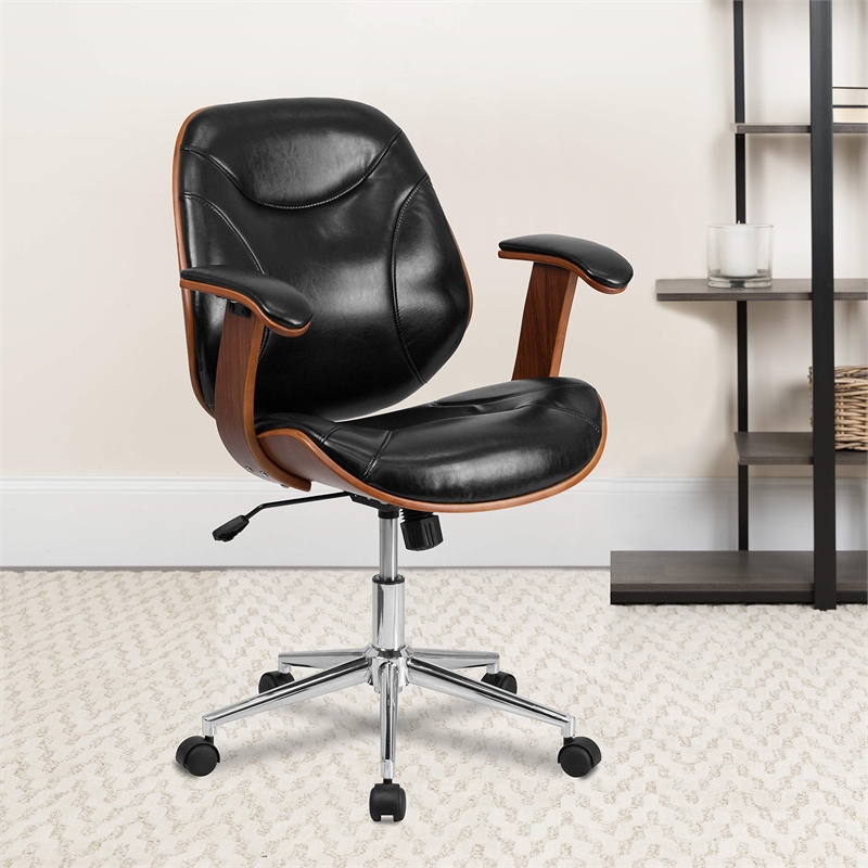 Scranton & Co Leather Swivel Office Chair in Black and Walnut