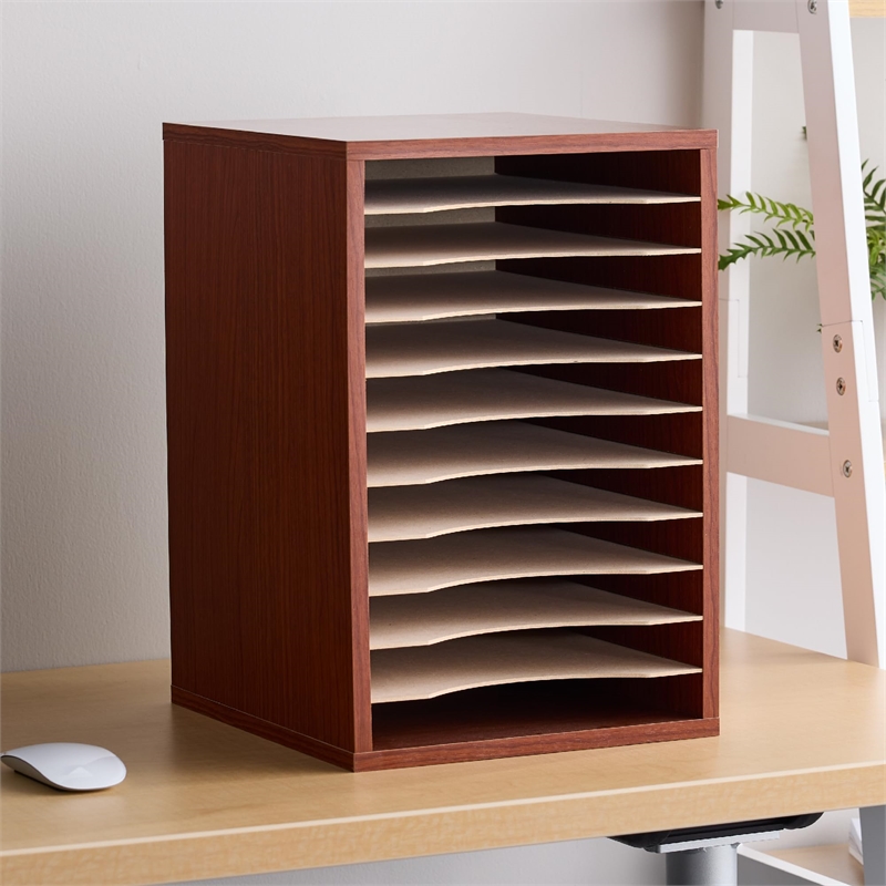Scranton & Co 11 Compartment Vertical Wood Desk Organizer in Cherry Brown
