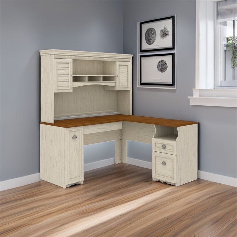 Scranton & Co Farmhouse Wood L Shaped Desk with Hutch in Antique White