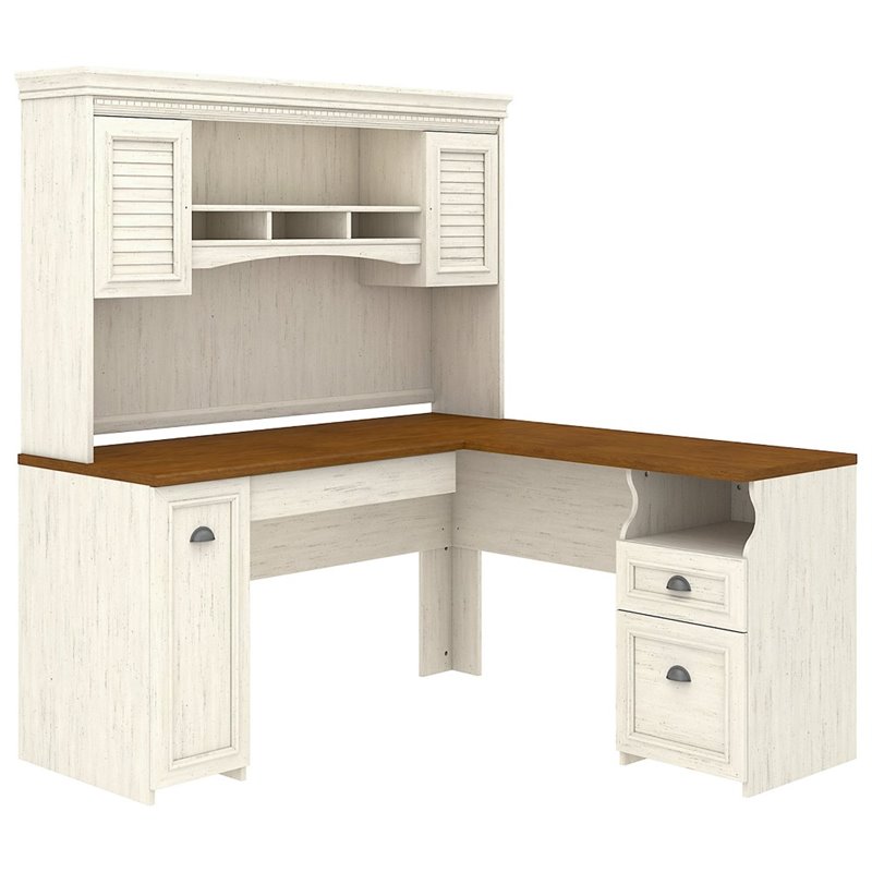 Scranton & Co L Shaped Desk with Hutch in Antique White | Cymax Business
