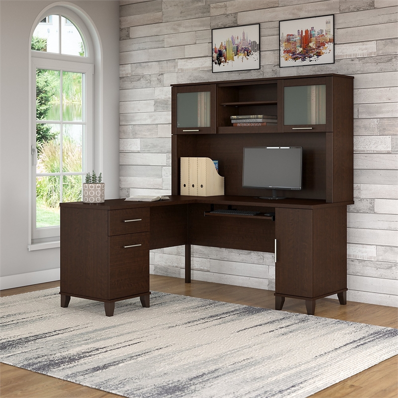 Scranton & Co 60W L Shaped Desk with Hutch in Mocha Cherry