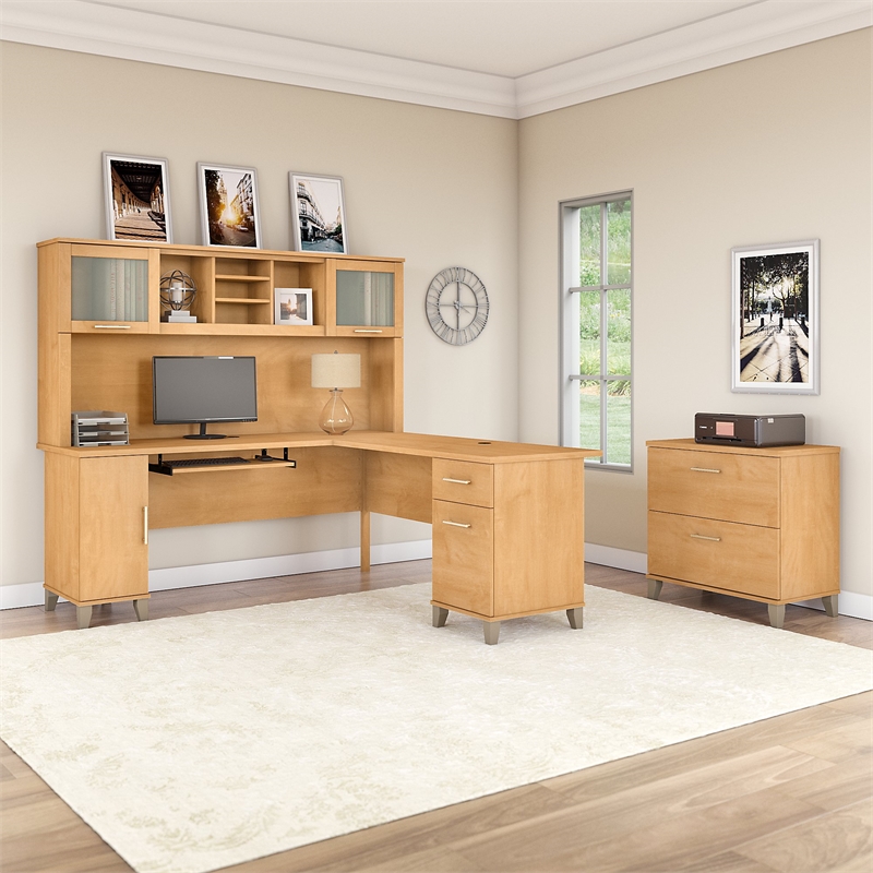 Scranton & Co Furniture Somerset 72W L Desk with Hutch & File Cabinet in Maple