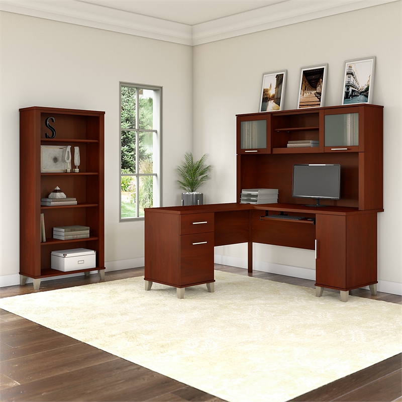 Scranton & Co Furniture Somerset 60W L Desk with Hutch & Bookcase in Cherry