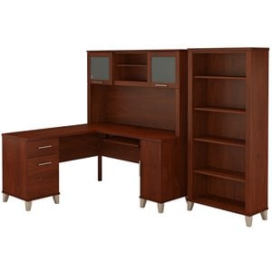 Scranton & Co Furniture Somerset 60W L Desk with Hutch & Bookcase in Cherry