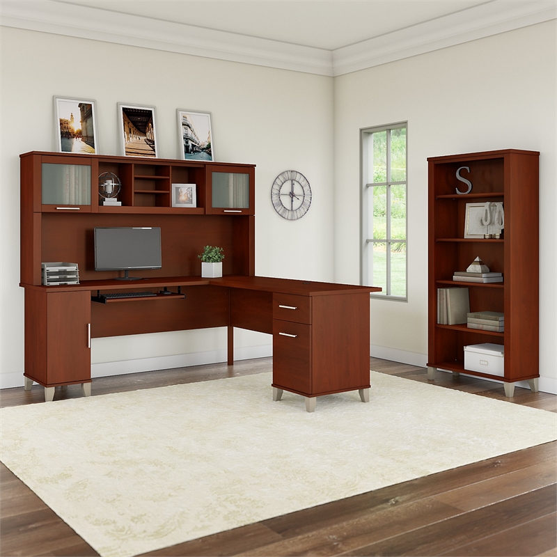 Scranton & Co Furniture Somerset 72W L Desk with Hutch & Bookcase in Cherry