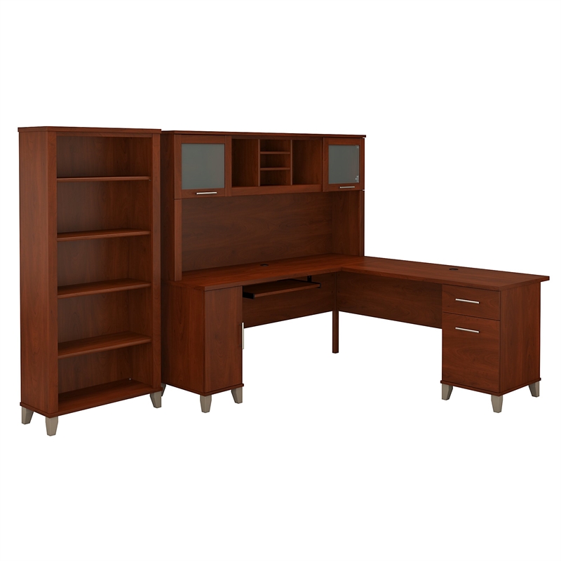 Scranton & Co Furniture Somerset 72W L Desk with Hutch & Bookcase in Cherry
