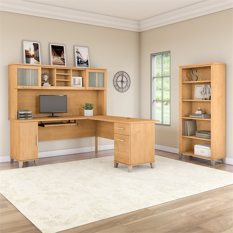 Scranton & Co Furniture Somerset 72W L Desk with Hutch & Bookcase in Maple Cross