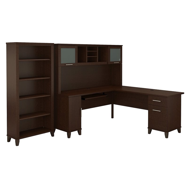 Scranton & Co Furniture Somerset 72W L Desk with Hutch & Bookcase in Cherry