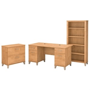 Scranton & Co Furniture Somerset 60W Office Desk w/ Cabinet & Bookcase in Maple