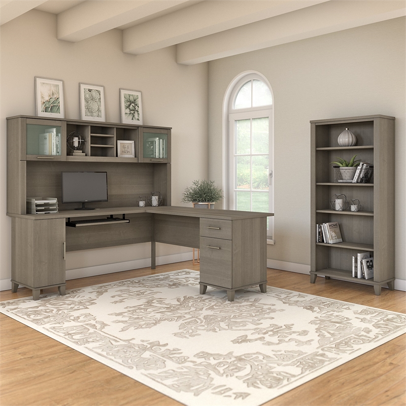 Scranton & Co Furniture Somerset 72W L Desk with Hutch & 5 Shelf Bookcase