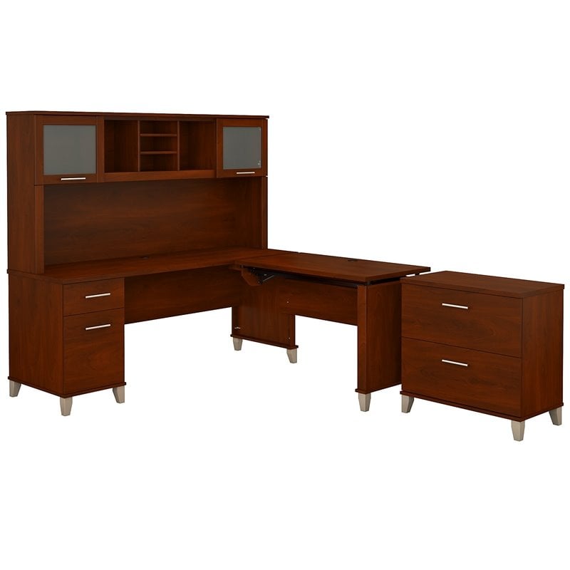 Scranton & Co Furniture Somerset Sit Stand L Desk with Hutch & Cabinet in Cherry