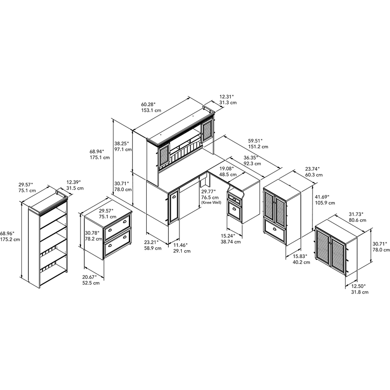 Scranton & Co Furniture Fairview L Desk 6 Pc Office Set in Antique White