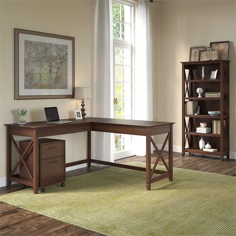 Scranton & Co Furniture Key West 60W L Shaped Desk w/ Mobile Cabinet & Bookcase