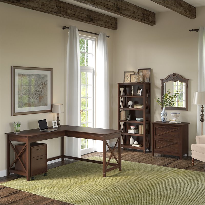 Scranton & Co Furniture Key West 60W L Shaped Desk with File Cabinets & Bookcase
