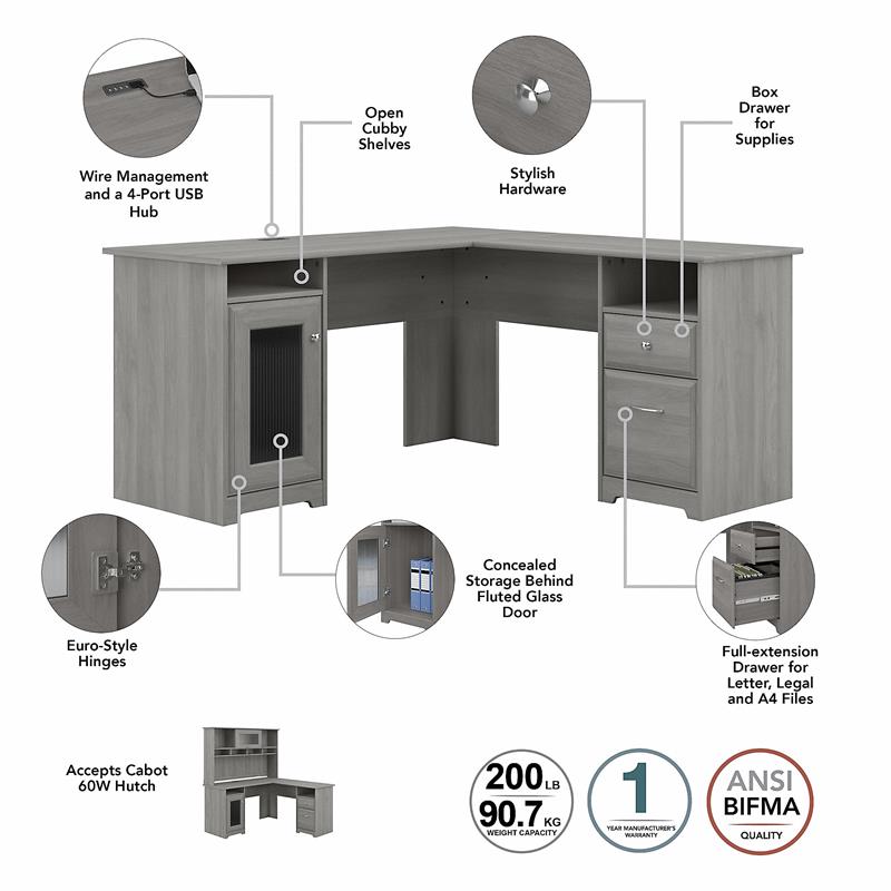 Scranton & Co Furniture Cabot 60W L Shaped Computer Desk in Modern Gray