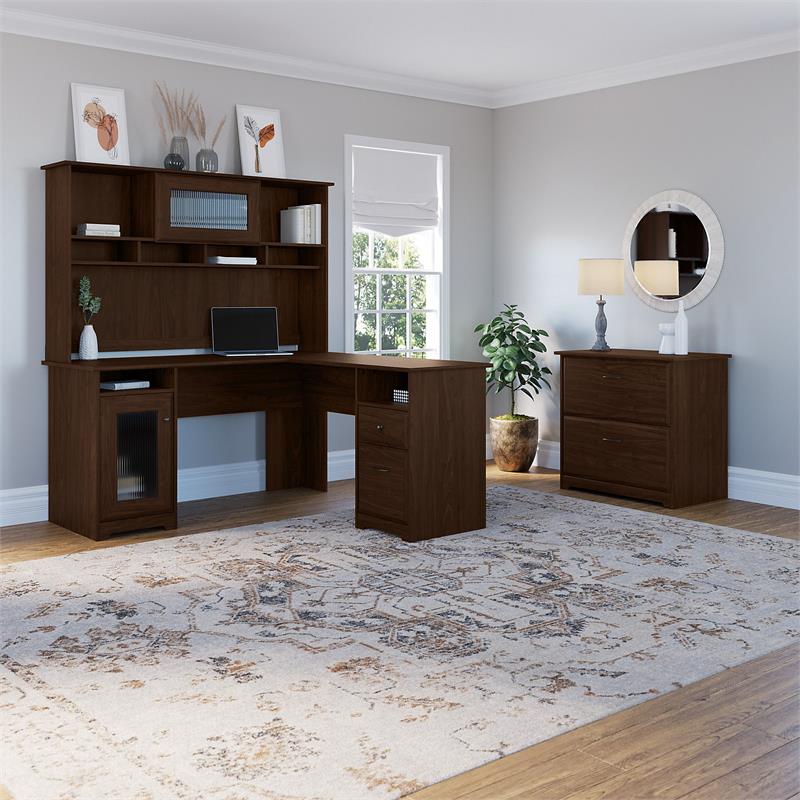 Scranton & Co Furniture Cabot L Desk with Hutch & File Cabinet in Modern Walnut
