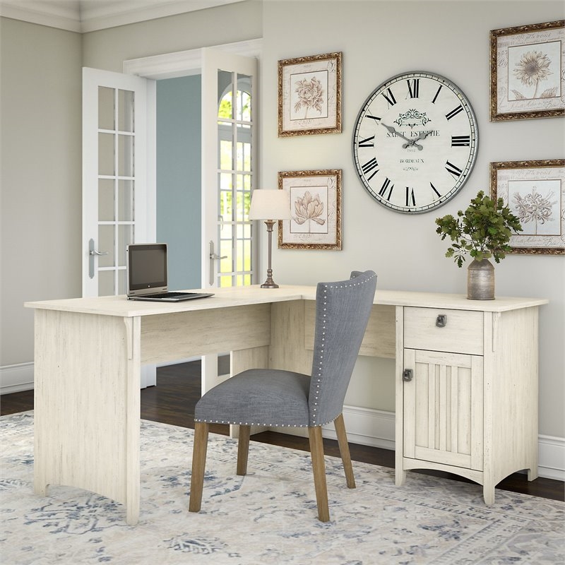 Scranton & Co Engineered Wood Antique White L Shaped Desk Space-Saving 60