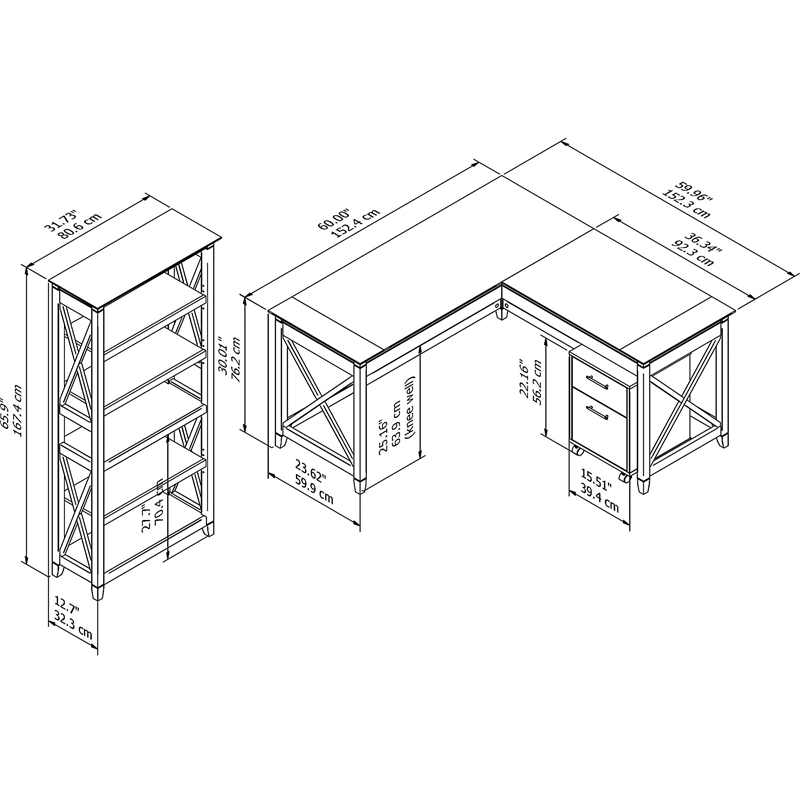 Scranton & Co Furniture Key West 60W L Desk w/ Cabinet & Bookcase in Washed Gray