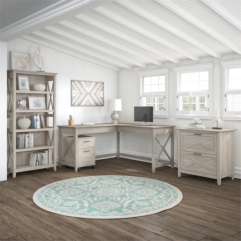 Scranton & Co Furniture Key West 60W L Shape Desk w/ Cabinets & Bookcase in Gray