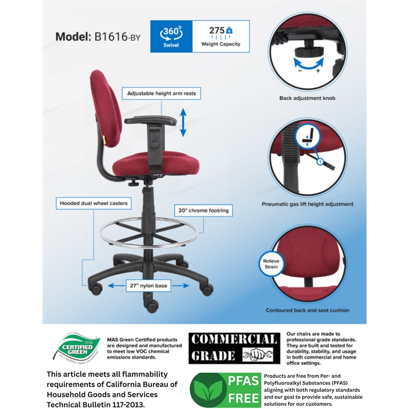 Scranton & Co Contoured Comfort Fabric Drafting Stool with Arms in Burgundy