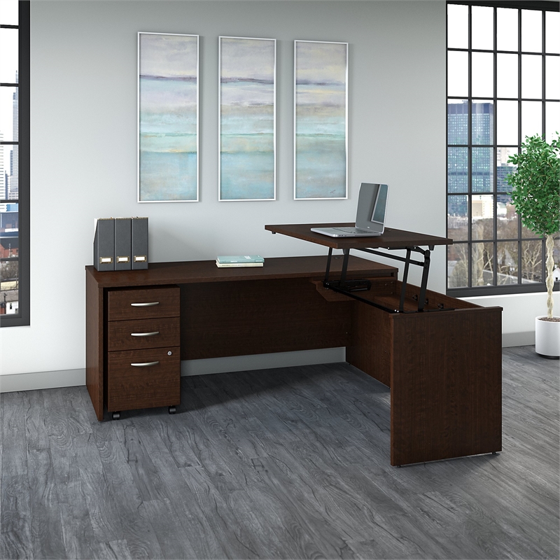 Scranton & Co Furniture 72W Sit to Stand L Shaped Desk Office Set in Cherry