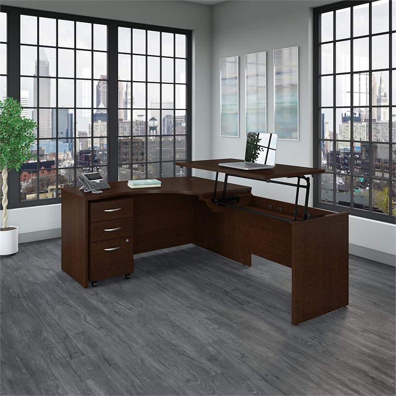 Scranton & Co Furniture 60W Right Sit to Stand L Shape Desk Office Set in Cherry