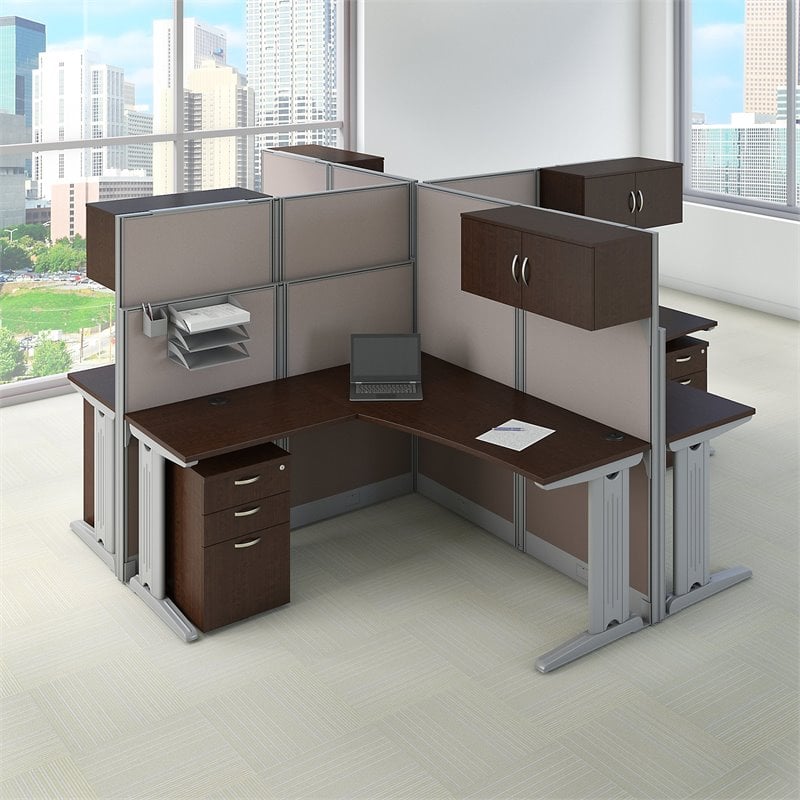 Scranton & Co Furniture 4 Person L Shaped Cubicle in Cherry