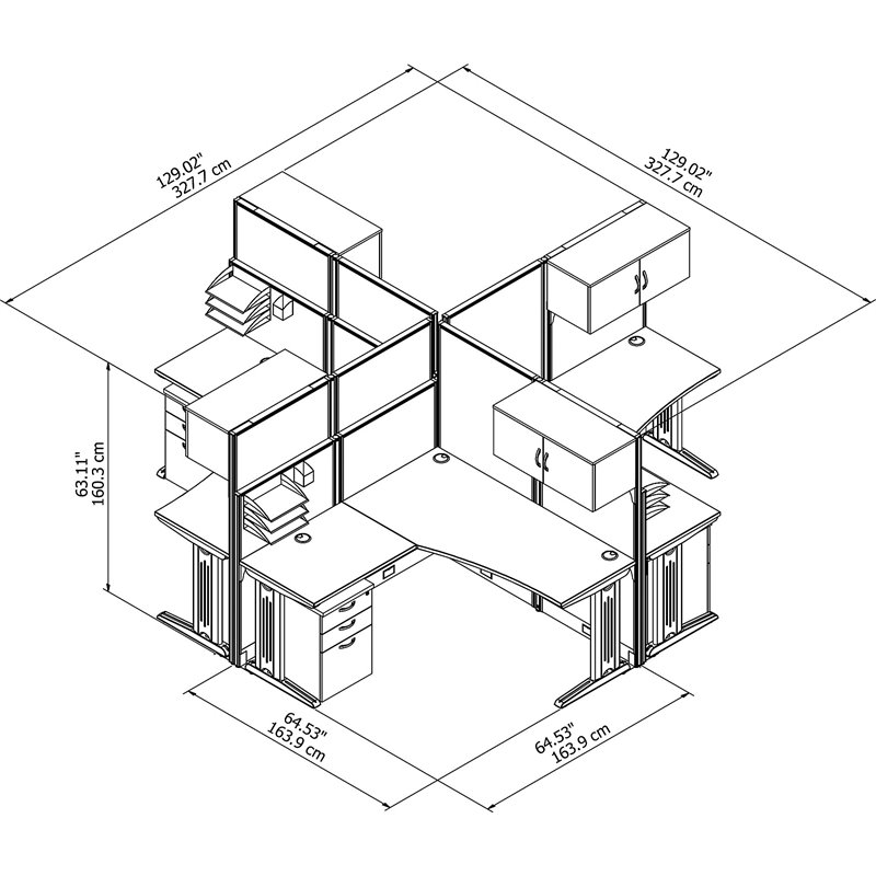 Scranton & Co Furniture 4 Person L Shaped Cubicle in Cherry