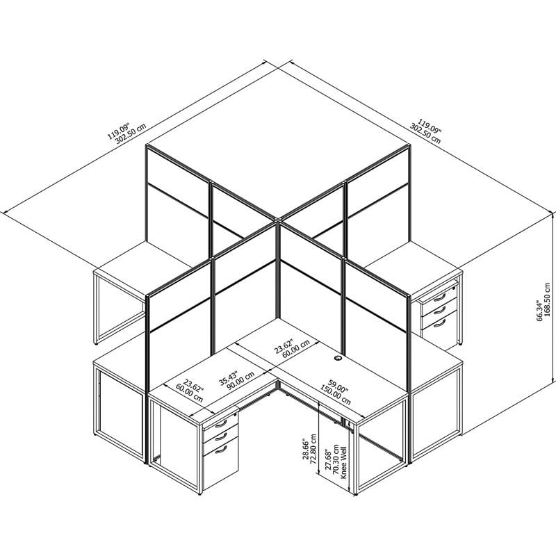 Scranton & Co Furniture 60W 4 Person L Shaped Cubicle with Storage in Brown