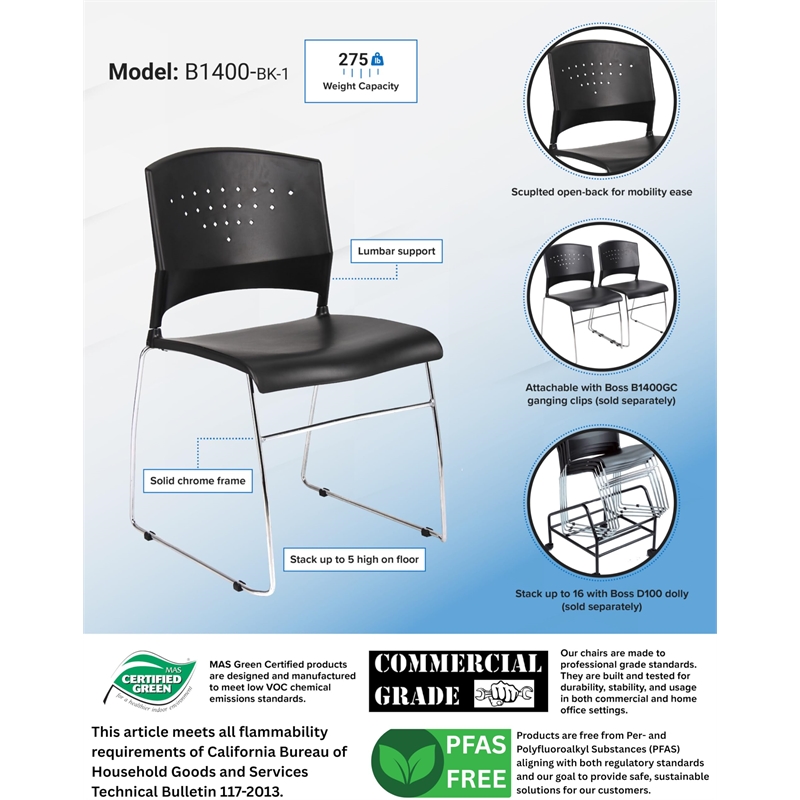 Scranton & Co Stacking Chrome Frame Office Stacking Chair in Black (Set of 5)