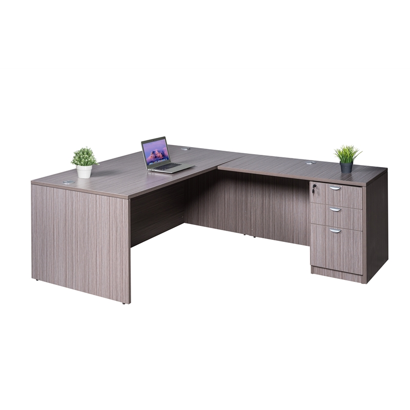 Scranton & Co Engineered Wood L-Shape Desk with Pedestal in Driftwood