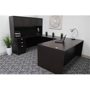 Scranton & Co Wood U-Shape Desk Credenza with Pedestal and Hutch in Mocha