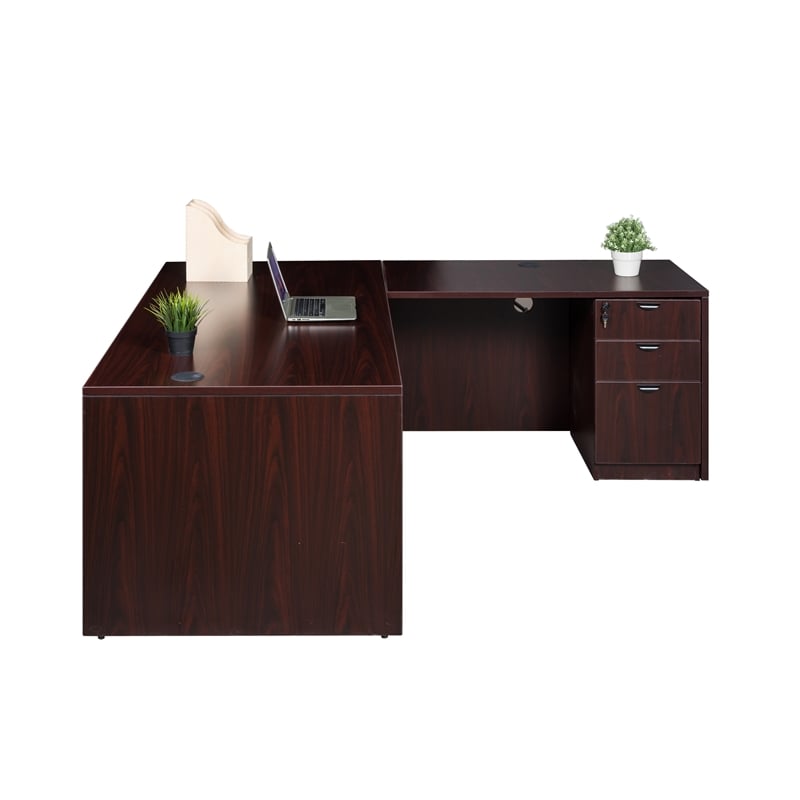 Scranton & Co Engineered Wood L-Shape Desk with Pedestal in Mahogany